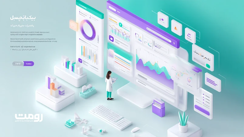 تصویر ایزومتریک از استراتژیست محتوا در حال تفسیر داده‌های الگوریتمی گوگل با کمک ChatGPT؛ شامل نمودارهای GSC، SERP و Crawl با رابط کاربری مینیمال