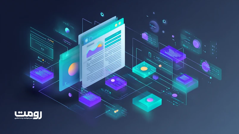 تصویر ایزومتریک تحول محتوای وب با ChatGPT؛ گذار از متن خطی به معماری معنایی و لایه‌مند با بلوک‌های هدینگ و گره‌های مفهومی
