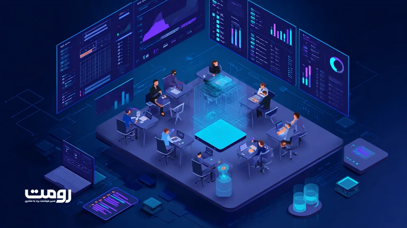 تصویر ایزومتریک تیم سئو ایرانی در حال همکاری با ChatGPT به‌عنوان شریک استراتژیک برای تحلیل SERP، نقشه پیلار/کلاستر و تصمیم‌سازی محتوایی