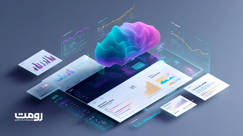 تصویر ایزومتریک از طراحی سایت شناخت‌محور با لایه‌های داده مثل Heatmap و نمودارهای پیش‌بینی در کنار نماد مغز؛ ترکیب داده و روان‌شناسی شناختی در UX مدرن.
