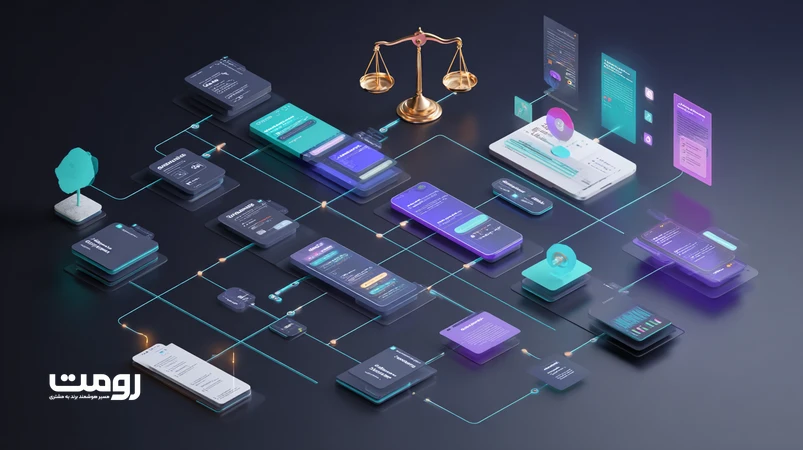 تصویر ایزومتریک از فرایند اتوماسیون محتوا با همکاری انسان و هوش مصنوعی، تمرکز بر کیفیت، اصالت برند و سنجه‌های سئو