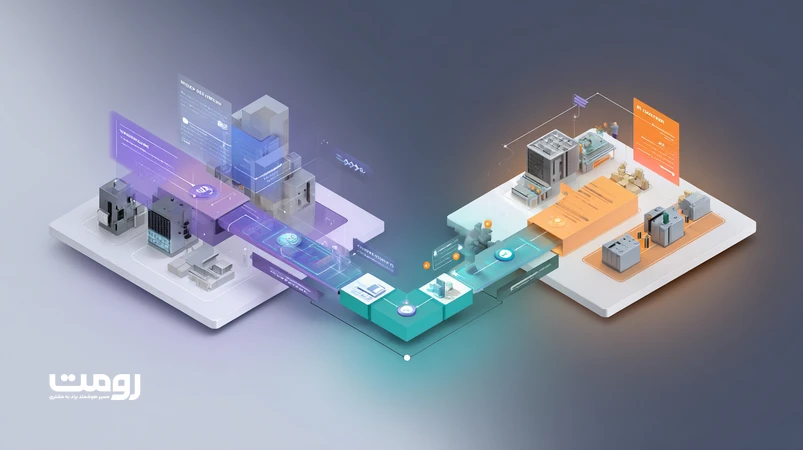 تصویر ایزومتریک رقابت اتوماسیون محتوایی و سئوی خلاقانه در ۲۰۲۶؛ خط تولید محتوای هوش مصنوعی در مقابل استودیو خلاق با معماری معنا و گراف موضوعی برای سئو
