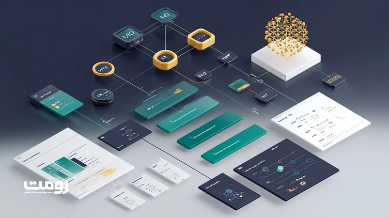 تصویر ایزومتریک معماری معنایی محتوا با گراف دانش، موجودیت‌ها و نیت کاربر برای سئوی کانتکست‌محور گوگل (BERT، MUM، SGE) و اسکیمای ساختاری