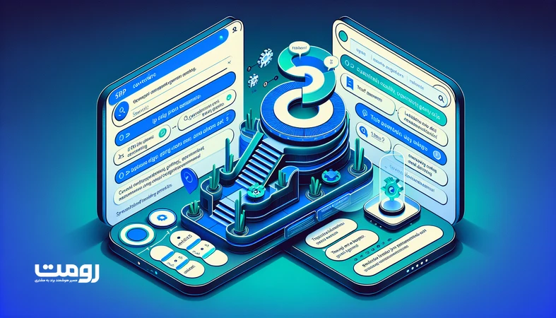 تصویر ایزومتریک تحول SERP از فهرست لینک‌ها به تجربه جست‌وجوی گفت‌وگومحور با پنل چت، پاسخ مولد و کارت‌های منبع برای زبان فارسی