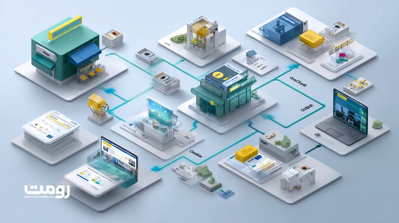 تصویر ایزومتریک از تجربه کاربری چندکاناله در ۲۰۲۶ با همگرایی وب، موبایل و اپلیکیشن و جریان داده یکپارچه