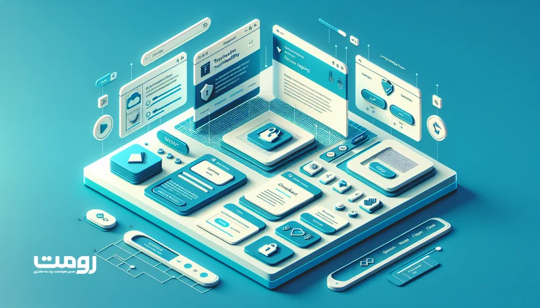 تصویر ایزومتریک رابط کاربری با رنگ‌های آبی و سبز، آیکون قفل و سپر، فضای سفید کافی و چیدمان منظم برای نمایش طراحی رابط کاربری اعتمادساز