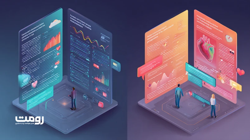 تصویر ایزومتریک از استراتژی محتوای دو لایه در ۲۰۲۶؛ تقابل محتوای هوشمند داده‌محور با محتوای احساسی روایت‌محور برای ساخت برند