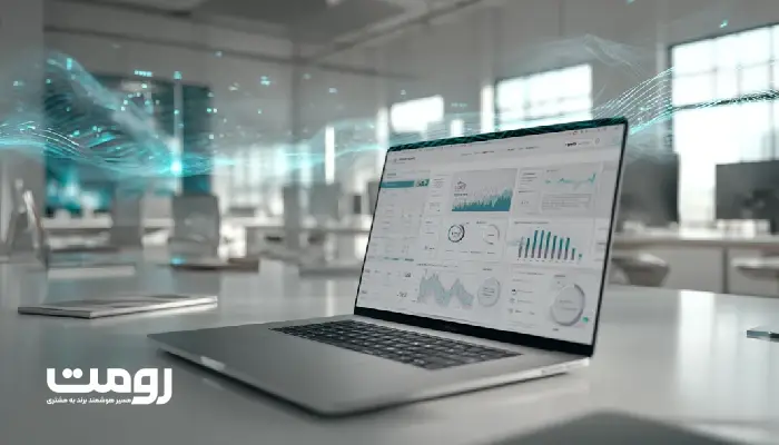 میز کاری مدرن با لپ‌تاپی که صفحه طراحی فروشگاه اینترنتی و نمودارهای تحلیلی سئو و نرخ تبدیل را نمایش می‌دهد؛ محیط روشن، رنگ‌های سفید و فیروزه‌ای و جلوه‌های هوش مصنوعی در پس‌زمینه، نمادی از فروشگاه‌های دیجیتال آینده در سال ۲۰۲۶.