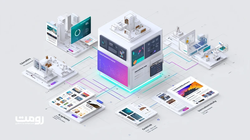 تصویر ایزومتریک از اکوسیستم وب‌سایت با ستون‌های EEAT، داشبورد تحلیل، کارت نویسنده و نشان‌های اعتبار برای نمایش پیوند هویت برند و اعتماد گوگل
