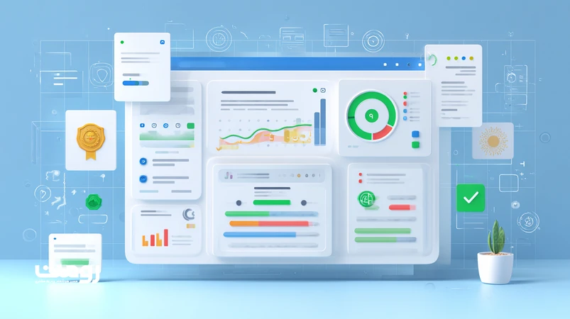 تصویر مفهومی تشخیص سیگنالهای مثبت و منفی EEAT در محتوای وب ۲۰۲۶ با نمایش نشان نویسنده، نمودار اعتبار، نماد اعتماد و داشبورد ارزیابی