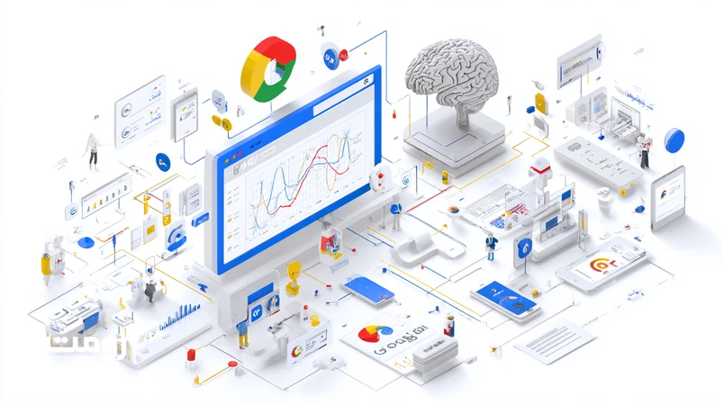 تصویر ایزومتریک از تحول الگوریتم‌های گوگل به سمت Engagement SEO در ۲۰۲۶ با داشبورد تعاملی، نقشه سفر کاربر و سنجه‌های مفیدبودن محتوا