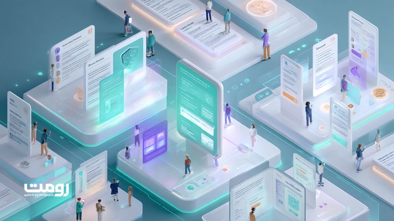 تصویر ایزومتریک از یک اکوسیستم UX اخلاقی در ۲۰۲۶ با دیالوگ‌های رضایت شفاف، قیمت‌گذاری واضح و نشان اعتماد در رابط کاربری برای تقویت اعتماد برند