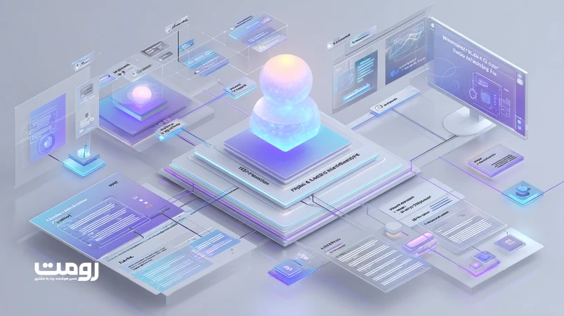 تصویر ایزومتریک سیر تکاملی موتورهای جست‌وجو از Web 2.0 تا AI Web 3.0 با نمایش گراف لینک‌ها، گراف دانش و هستهٔ مدل زبانی