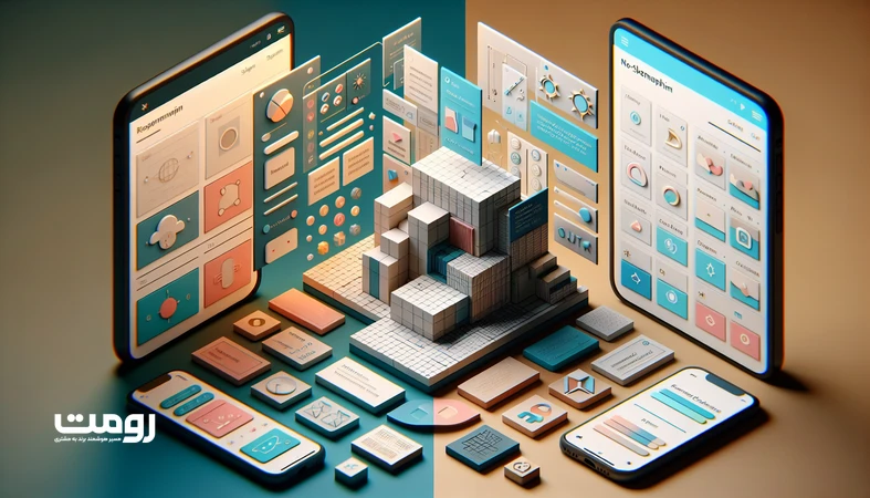 تصویر ایزومتریک مقایسه طراحی تخت و طراحی واقع‌گرایانه در رابط کاربری راست‌به‌چپ با عمق، سایه و بافت برای بهبود تجربه کاربری
