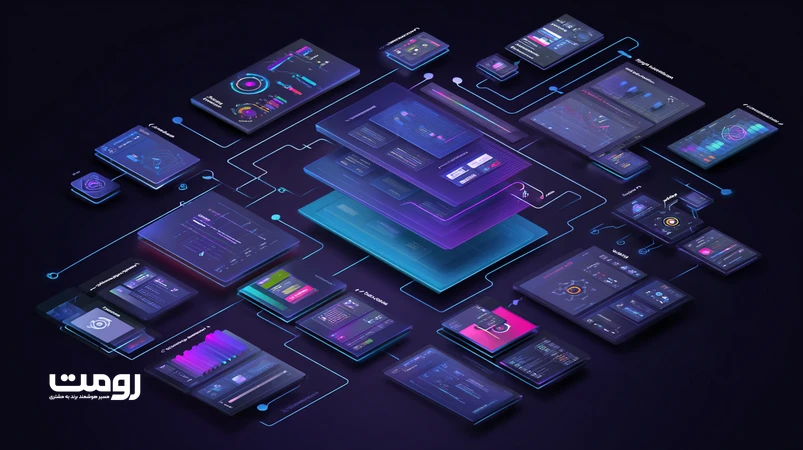 تصویر ایزومتریک از معماری چندلایه هوش‌مصنوعی برای شخصی‌سازی محتوا در زمان‌واقعی با تحلیل رفتار، احساس، نیت و بافت و رابط کاربری تطبیقی در وب فارسی