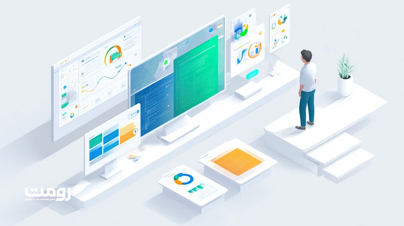 تصویر ایزومتریک همکاری انسان و هوش مصنوعی در تولید محتوا و سئو با نمایش گردش‌کار Human‑in‑the‑loop برای بازار ایران