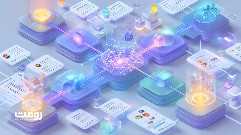 ایلوستریشن ایزومتریک از گراف اعتماد و لینک‌سازی در عصر هوش مصنوعی با نمایش گره‌ها، داده‌های ساخت‌یافته و تحلیل معنایی لینک‌ها در ۲۰۲۶