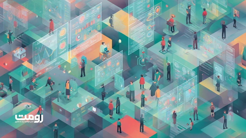 تصویر ایزومتریک تیم سئوی ۲۰۲۶ با تمرکز بر تحلیل داده، UX، معماری معنایی و استراتژی برند در سازمان‌ها
