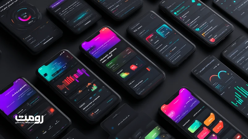 تصویر مفهومی طراحی وبسایت برای نسل Z در ۲۰۲۶ با رنگهای زنده، حالت تیره، مینیمالیسم و رابط موبایلمحور برای مخاطب ایرانی