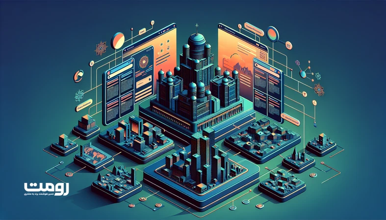 تصویر ایزومتریک از اکوسیستم جست‌وجوی ۲۰۲۷ با گوگل به‌عنوان زیرساخت و ChatGPT به‌عنوان مشاور؛ نمایش SGE، Gemini و گراف دانش در یک لایه‌بندی مدرن.