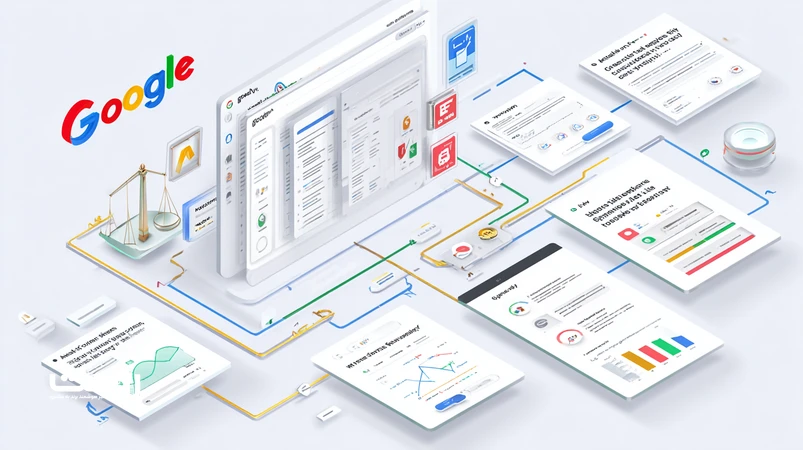 تصویر ایزومتریک از استراتژی گوگل در برابر محتوای تولیدشده با هوش مصنوعی با تمرکز بر کیفیت، E‑E‑A‑T و نقش Human‑in‑the‑loop