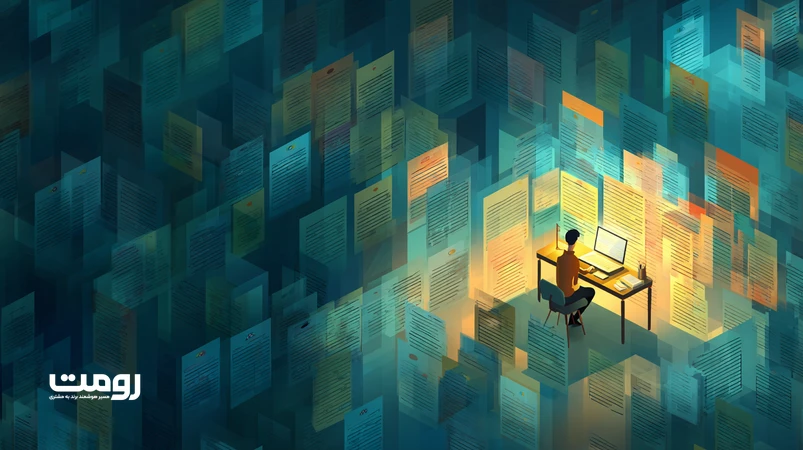 تصویر ایزومتریک از تضاد میان انبوه محتوای تولیدشده با هوش مصنوعی و برجسته‌شدن محتوای انسان‌محور در رتبه‌بندی گوگل