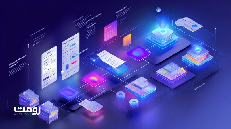 تصویر ایزومتریک از ارتباط مدل‌های زبان بزرگ گوگل (Gemini) با گراف دانش و ورودی‌های چندمدلی برای تولید محتوای هدفمند و ساختاریافته