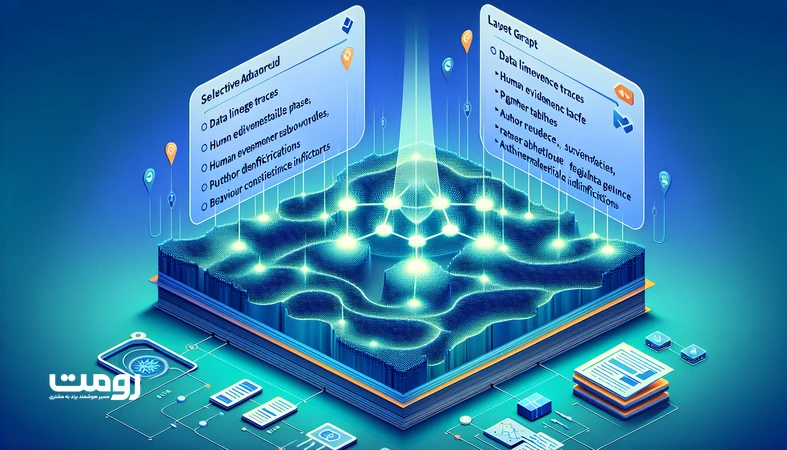 تصویر ایزومتریک از الگوریتم‌های جست‌وجو که میان تورم محتوای AI گراف اعتماد انتخابی می‌سازد و منابع معتبر را با نشان‌های شواهد انسانی و ثبات رفتاری برجسته می‌کند