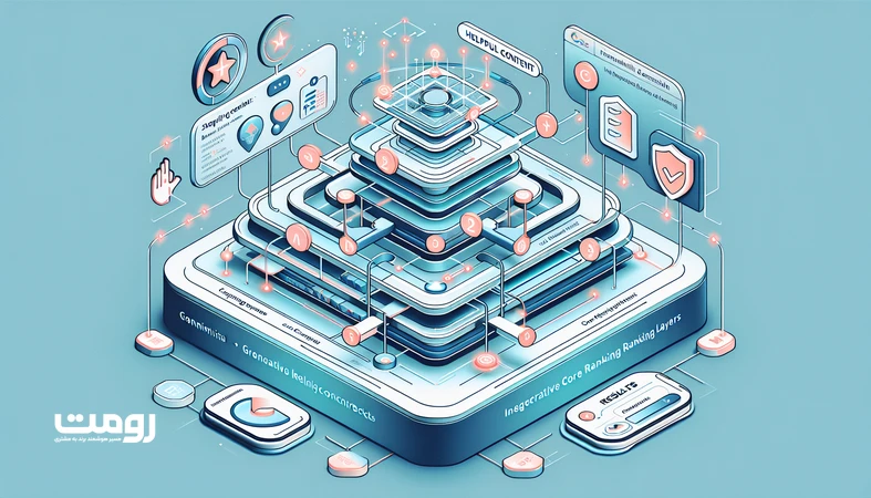 تصویر ایزومتریک از تکامل الگوریتم Helpful Content و ادغام آن در هسته رتبه‌بندی گوگل با اشاره به AI و سیگنال‌های E-E-A-T