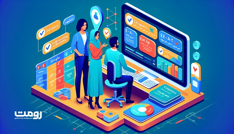 تصویر ایزومتریک همکاری انسان و AI در تولید محتوا با نمایش سیگنال‌های گوگل و E-E-A-T برای سئو ۲۰۲۶، شامل استناد، داده محلی و هویت نویسنده.