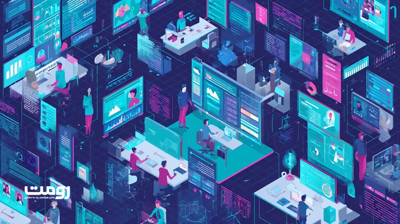 تصویر ایزومتریک از تیم محتوای ترکیبی انسان و هوش مصنوعی در حال همکاری؛ پوادهای محتوا، داشبورد تحلیل و گردش‌کار سئو برای بازطراحی تیم‌های محتوا در ۲۰۲۶