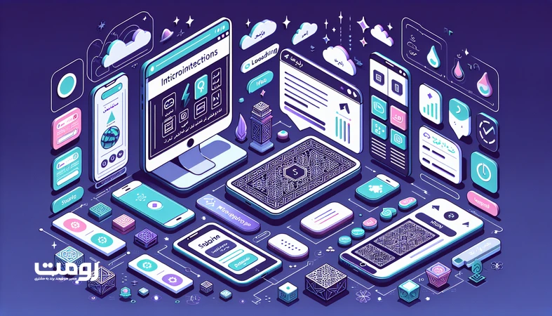 ایلوستریشن ایزومتریک از رابط وب RTL با میکرواینترکشن‌ها، انیمیشن‌های سبک و نشانه‌های اعتماد برای توضیح طراحی تعاملی و تجربه ماندگار