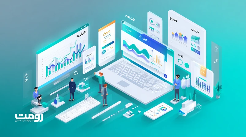 تصویر ایزومتریک از وب‌سایت راست‌به‌چپ با UX حرفه‌ای که اعتماد سرمایه‌گذار را در پروژه‌های دیجیتال ۲۰۲۶ افزایش می‌دهد؛ نمودارهای رشد و رابط واکنش‌گرا