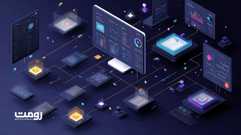 تصویر ایزومتریک از یک سیستم تطبیقی سئو در ۲۰۲۶ با داشبوردهای داده، معماری پیلار/کلاستر و تمرکز بر EEAT و Core Web Vitals برای هماهنگی با الگوریتم‌های گوگل