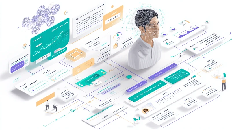 تصویر ایزومتریک از سیستم هوش مصنوعی که با تحلیل داده‌های رفتاری و احساسی، پرسونای زنده مشتری را برای طراحی سایت و استراتژی محتوا در ۲۰۲۶ می‌سازد.