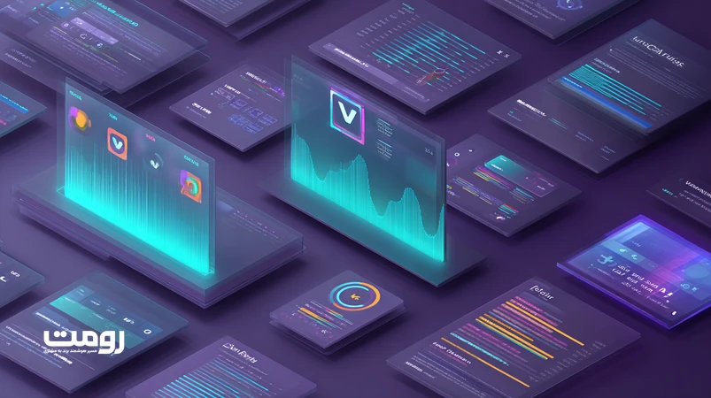 تصویر ایزومتریک از هوش‌مصنوعی که با تحلیل داده‌های تعاملی و زبانی، لحن برند را در برندسازی دیجیتال ۲۰۲۶ به‌صورت داده‌محور و یکپارچه شکل می‌دهد