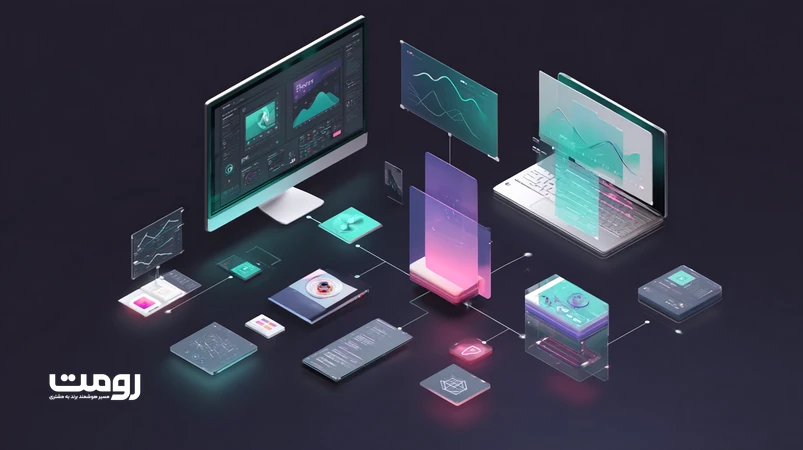 تصویر ایزومتریک آینده ابزارهای طراحی Figma، Framer و Adobe XD با هوش مصنوعی، جریان داده، رابط RTL و نمودارهای تصمیم‌گیری