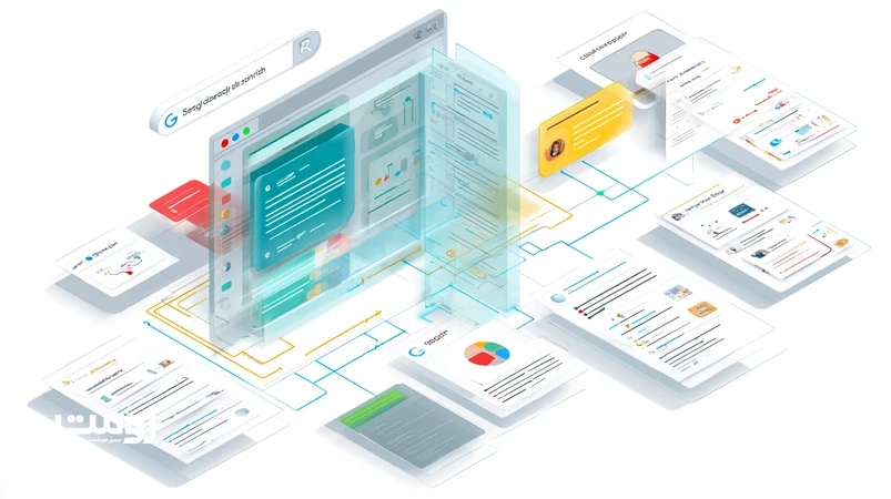 تصویر ایزومتریک از ترکیب SERP گوگل با چت و پاسخ‌های مولد که فشار ChatGPT بر الگوریتم‌های گوگل و ساختار جست‌وجوی ترکیبی را نشان می‌دهد.