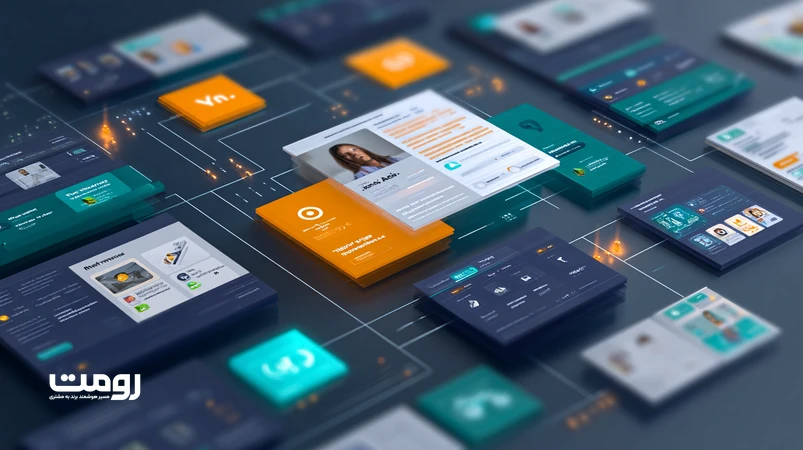 تصویر ایزومتریک از شخصی‌سازی محتوا در سال ۲۰۲۶ که همپوشانی تبلیغ بومی و اطلاعات بی‌طرف را نشان می‌دهد؛ کارت‌های محتوا، برچسب Ad/Info و جریان پیشنهاددهی الگوریتمی.