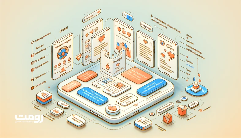 تصویر ایزومتریک از سفر کاربر در خرید آنلاین با محور تجربه کاربری احساسی (Emotional UX) در ایران، شامل رنگ‌های روانشناختی، میکرواینترکشن و نقشه حرارتی در سال ۲۰۲۶.