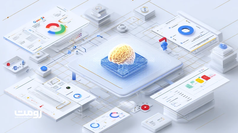 تصویر ایزومتریک از الگوریتم Gemini گوگل که با گراف موجودیت‌ها و آیکون‌های چندرسانه‌ای، آینده نتایج جست‌وجوی مبتنی بر هوش مصنوعی مولد را نشان می‌دهد.