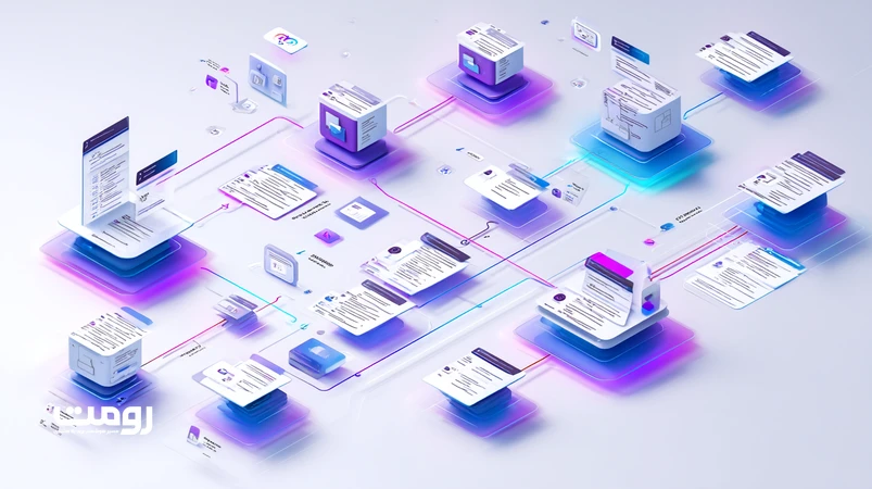 Isometric illustration of LLM impact on Google’s contextual understanding with knowledge graph, Persian queries, and entity relationships for SEO