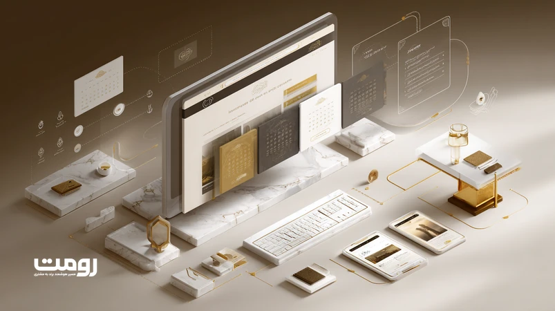 تصویر ایزومتریک از استراتژی تجربه کاربری برند لوکس با رابط مینیمال، حرکت آهسته، جزئیات طلایی و شخصی‌سازی دیجیتال در سال ۲۰۲۶