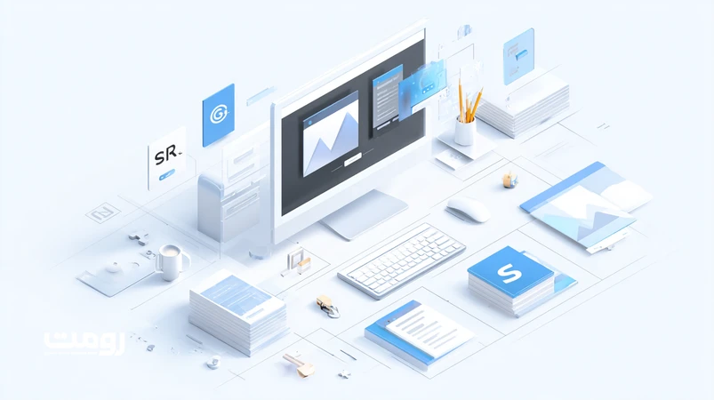 تصویر ایزومتریک از یک رابط وب مینیمال با تیتر فارسی راست‌به‌چپ، فضای خالی سخاوتمندانه و عناصر ساده که مفهوم «طراحی وب مینیمال به‌عنوان زبان جهانی» را نشان می‌دهد