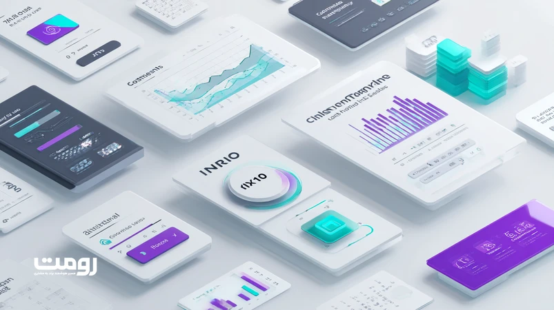 تصویر ایزومتریک از رابط کاربری با سبک نئومورفیک، کارت‌ها و دکمه‌های برجسته با سایه‌های نرم و متن پرکنتراست، مرتبط با ترند طراحی ۲۰۲۶