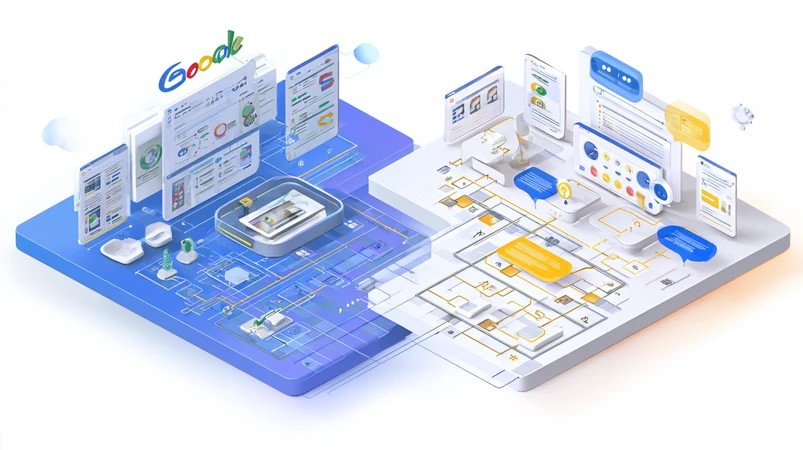 تصویر ایزومتریک از رقابت و هم‌گرایی گوگل و OpenAI در تعریف محتوای مفید؛ پیوند جست‌وجو، EEAT و پاسخ‌گویی محاوره‌ای برای سئو و UX