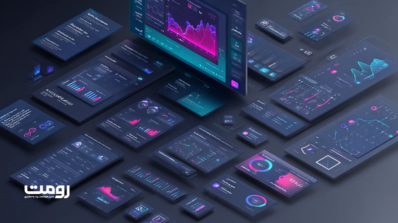تصویر ایزومتریک داشبورد وب ۲۰۲۶ با الگوریتم‌های هوش مصنوعی برای پیش‌بینی رفتار کاربر، نمایش هیت‌مپ، نمودار کلیک‌استریم و جریان تصمیم‌گیری RL در طراحی سایت