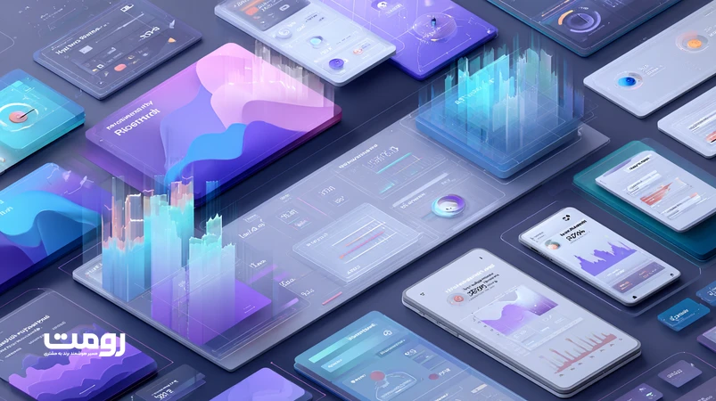 تصویر ایزومتریک ترندهای جهانی طراحی UX با تمرکز بر طراحی پیش‌بینی‌کننده، هوش مصنوعی، نقشه حرارتی و تعامل احساسی کاربر در رابط‌های وب و موبایل