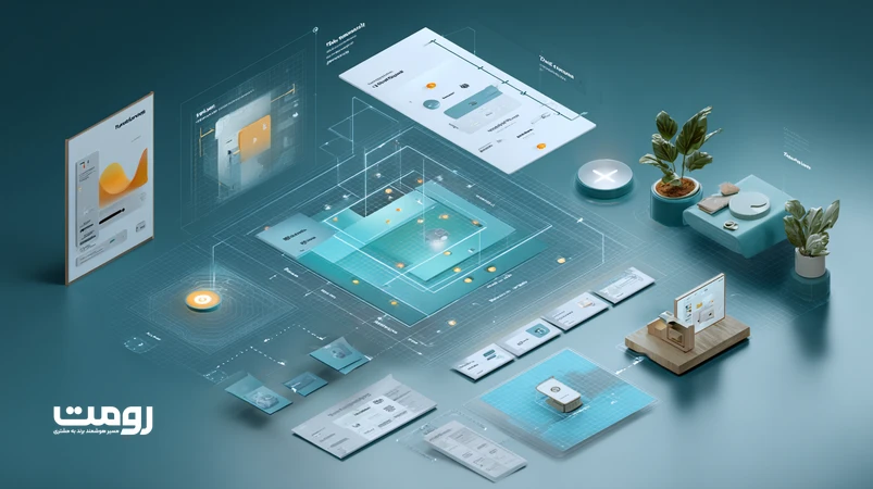 تصویر ایزومتریک از معماری UX هدف‌محور رومت با جریان تصمیم کاربر، هیت‌مپ، نشان‌های اعتماد و CTA شفاف برای طراحی تصمیم‌محور.