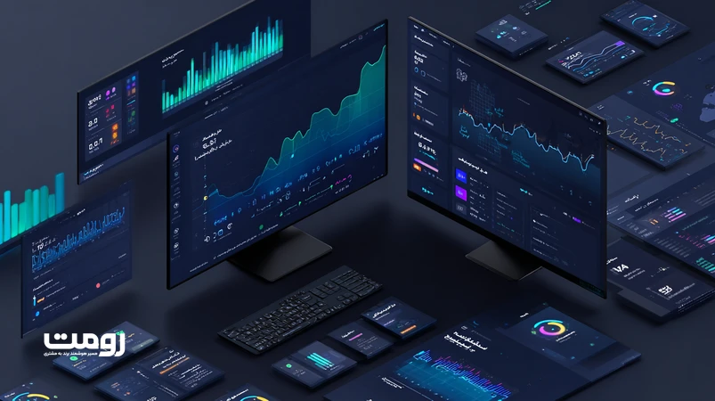 تصویر ایزومتریک داشبورد وب با داده‌های زنده، نمودار رتبه سئو، اتصال API و ویجت‌های Real-time برای ساخت رتبه‌های پایدار در سئوی ۲۰۲۶